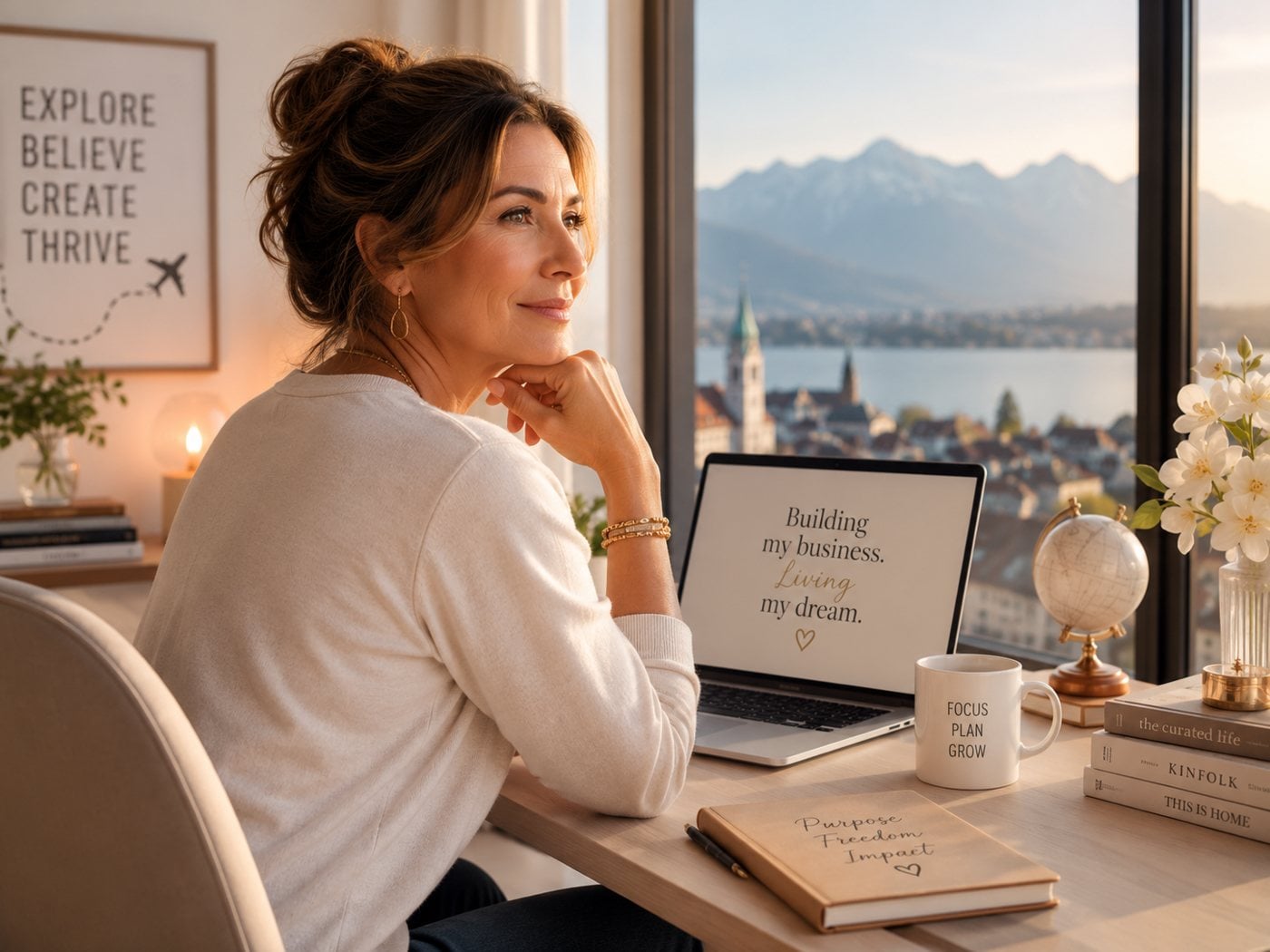A woman by a window with a mountain and lake view, building her business on a laptop