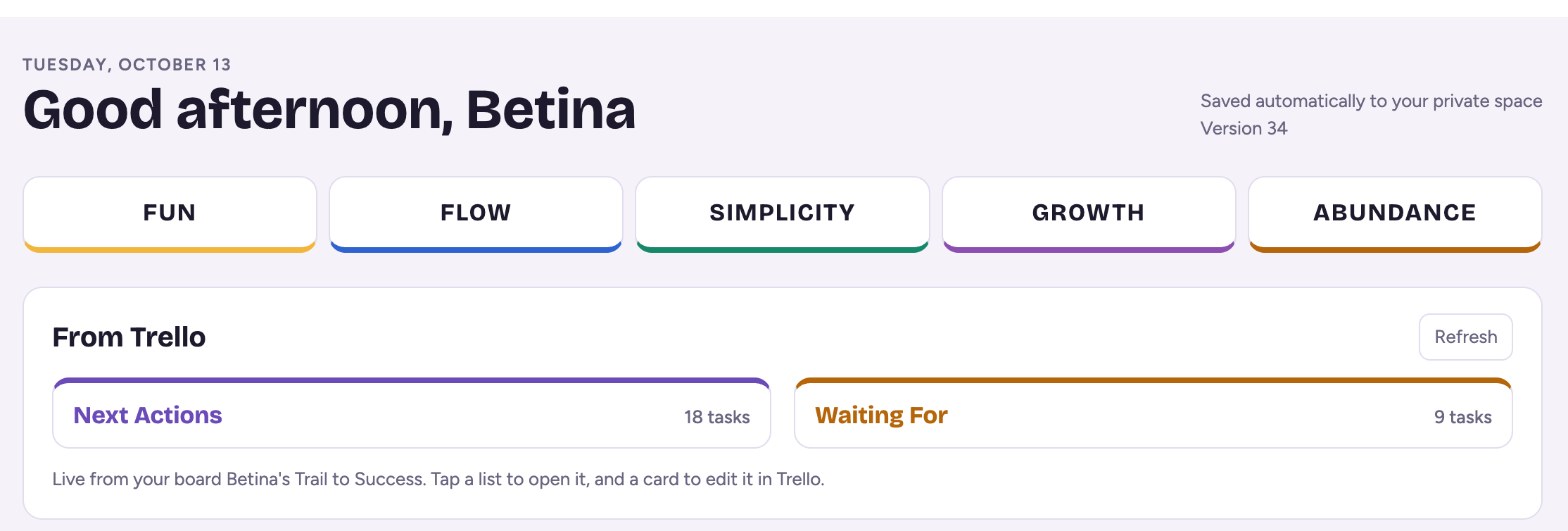 A Life Dashboard showing a greeting, five core values and task lists from Trello